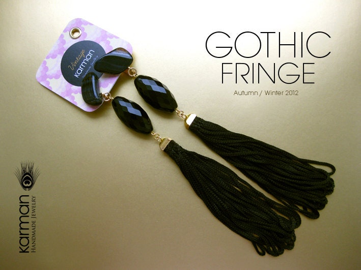 Black Fringe Earrings with Vintage Czech glass beads