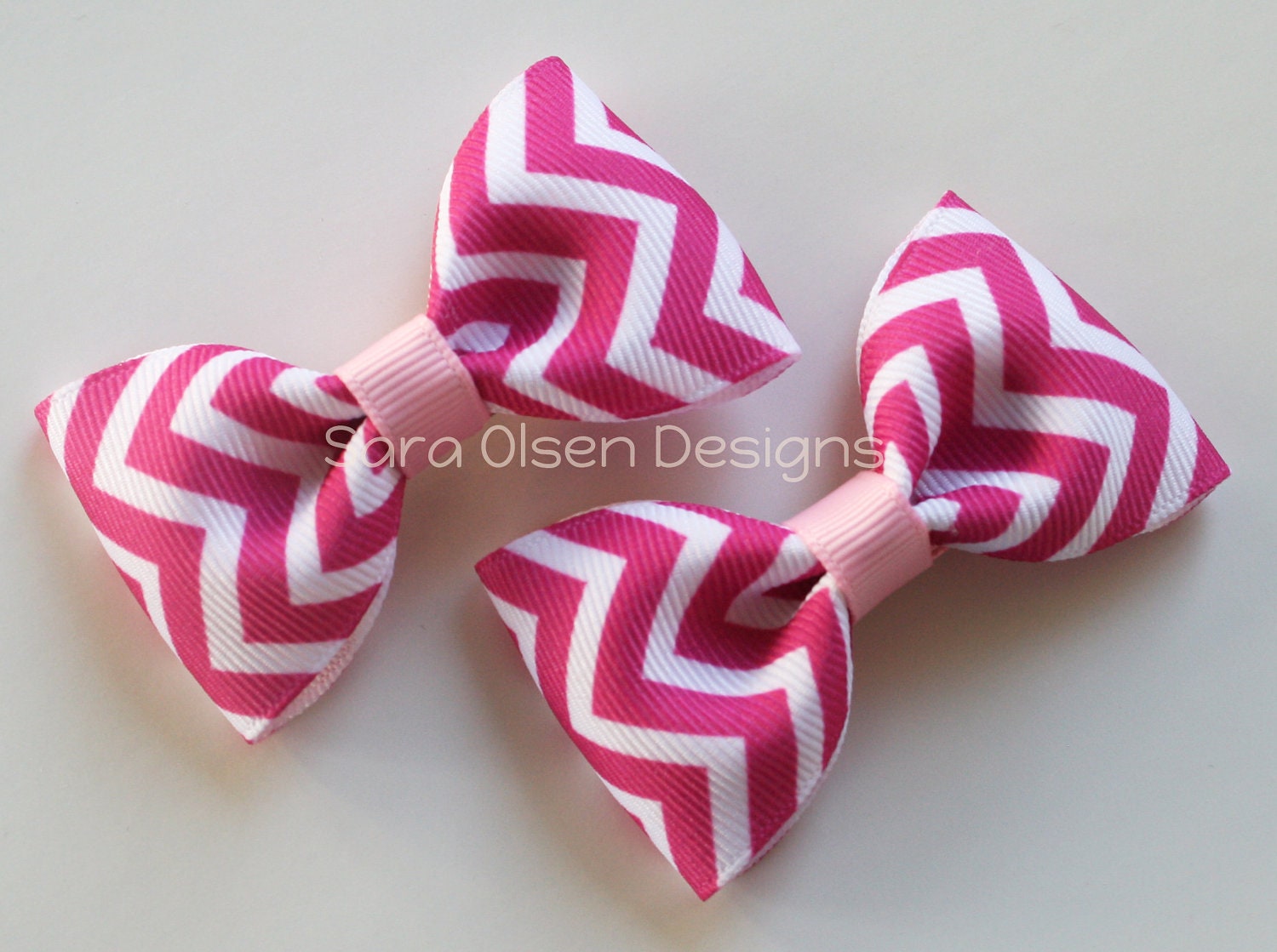 Chevron Hair Clips, Set of 2 Hair Clips, Simple Bow Tie Tuxedo Hairbows, Pigtails or Toddler Hair, 2 1/2 inch Bow, 2.5, Shocking Pink White