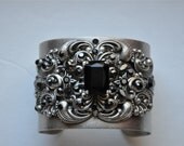 Victorian Gothic Cuff,Vintage Style Cuff,Gothic Cuff,Swarovski Crystal Jet Black Cuff,Hematite,Antique Silver,Art Deco Cuff,RAMSEY
