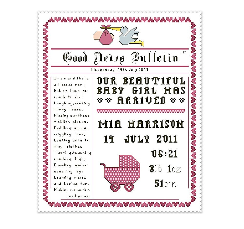birth announcement cross stitch pattern newspaper style name sampler with poem, personalize