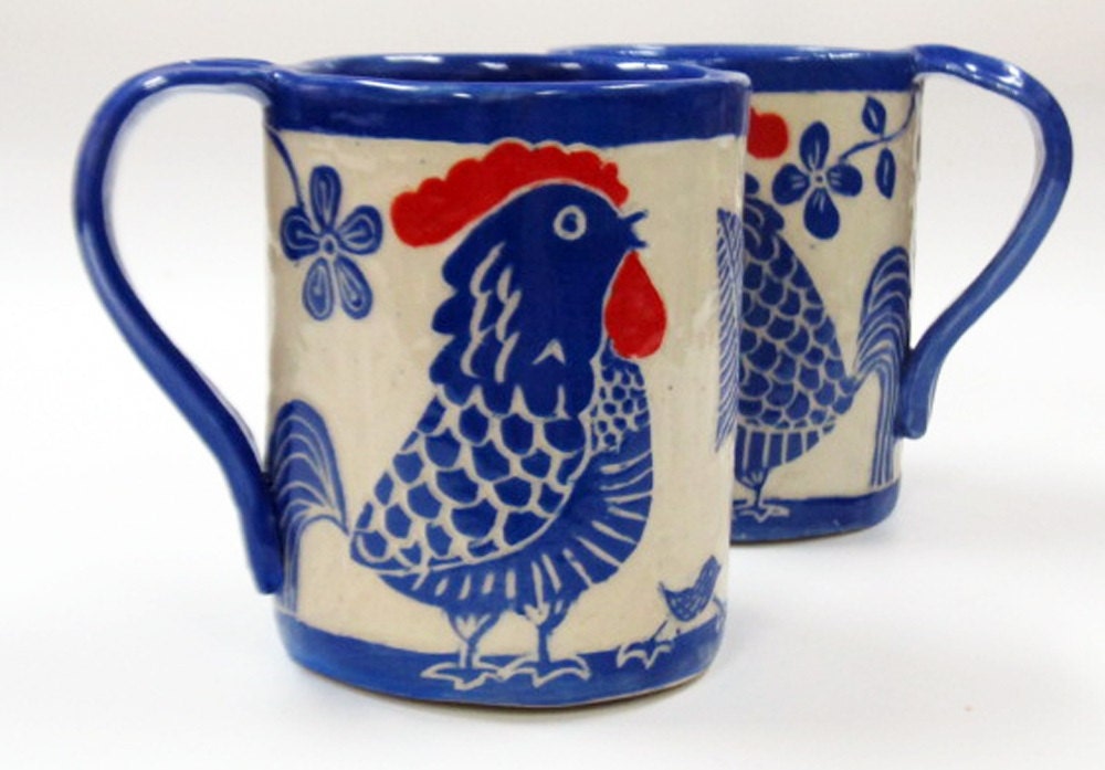 Handmade Pottery Mug ROOSTER Blue & Red Sgraffito on Stoneware