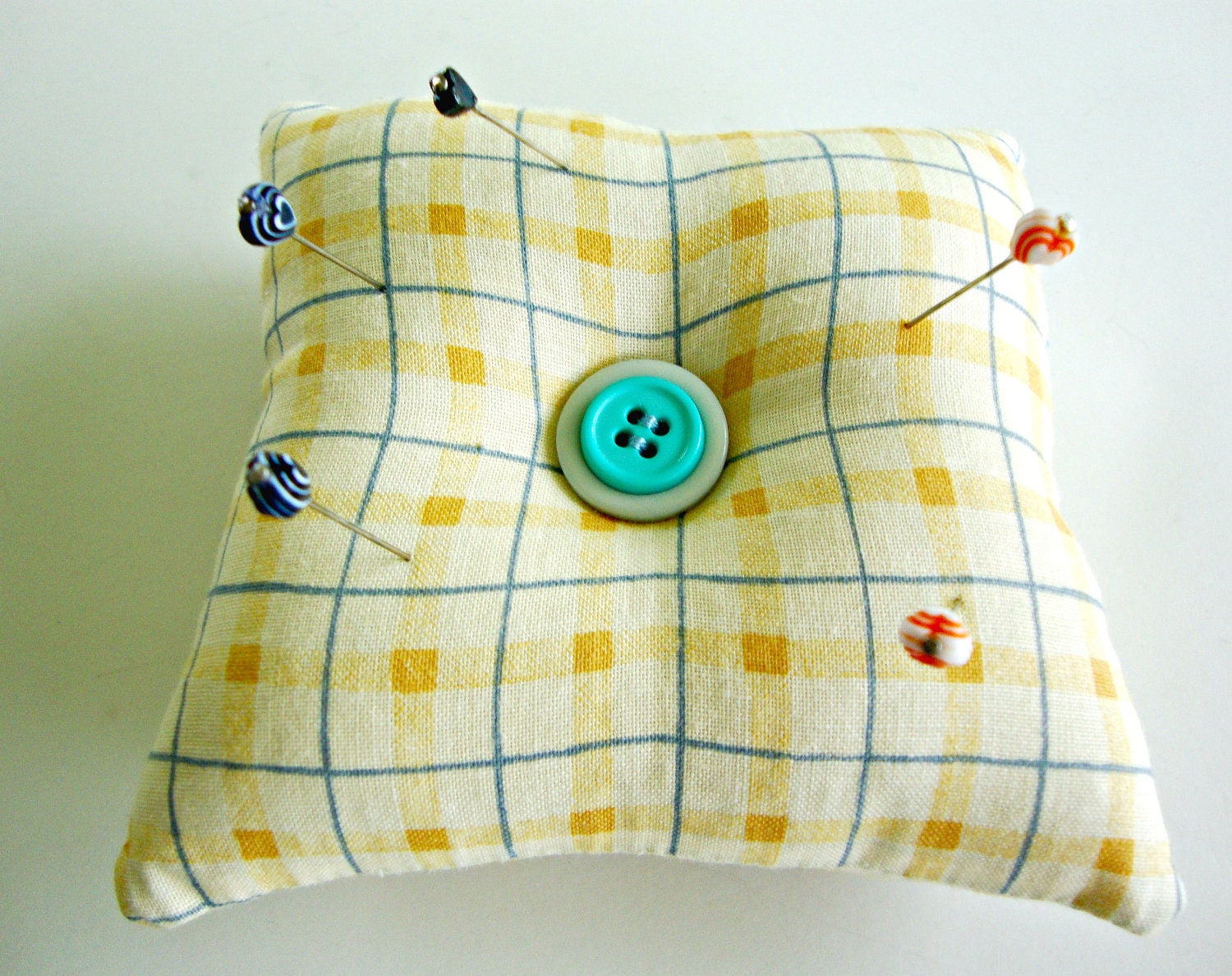 Pincushion - Yellow Gingham Pincushion with decorative pins - Gift Idea
