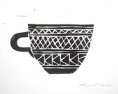 Geometric Patterns Coffee Cup Art Block Print 5 x 7 Home Decor / Black, Grey, Red, Turquoise, Yellow / Hand Pulled Linocut / Kitchen Decor