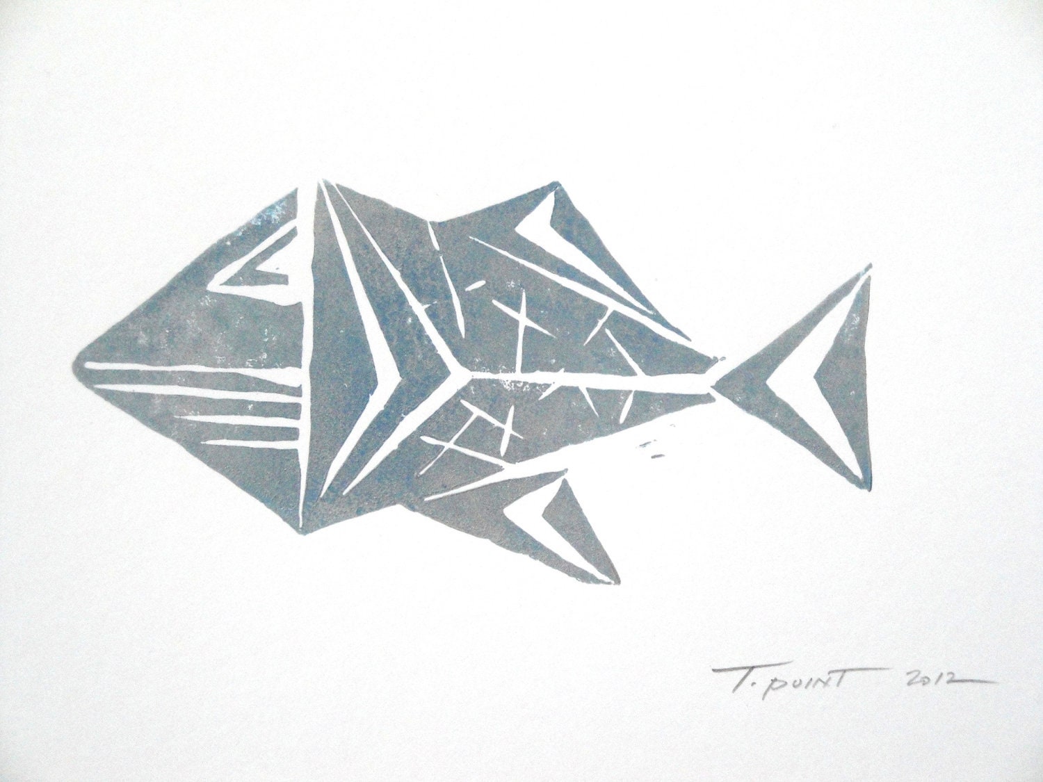 SALE Abstract Tribal Fish Nautical Art Block Print 4 x 6 Home Decor / Subdued Blue, Silver / Hand Pulled Linocut
