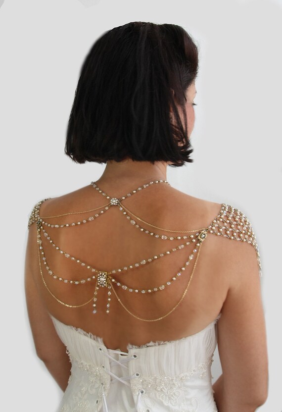 Necklace For The SHOULDERS, 1920s Style, Beaded Pearls And Rhinestone,Jazz Age,Antique Gold, OOAK Bridal Wedding Jewelry,By Efrat Davidsohn