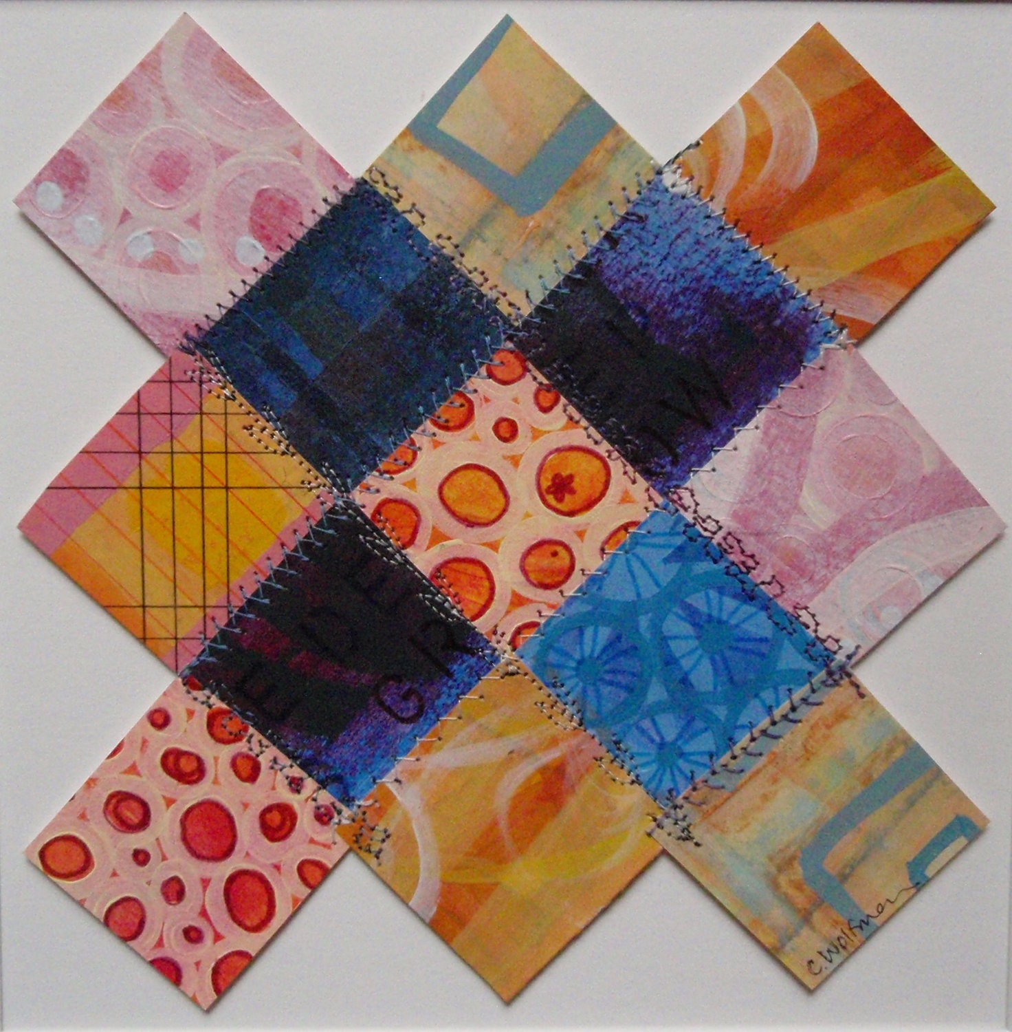 Colorful Patchwork Painting titled Cell by Cell, Patch by Patch