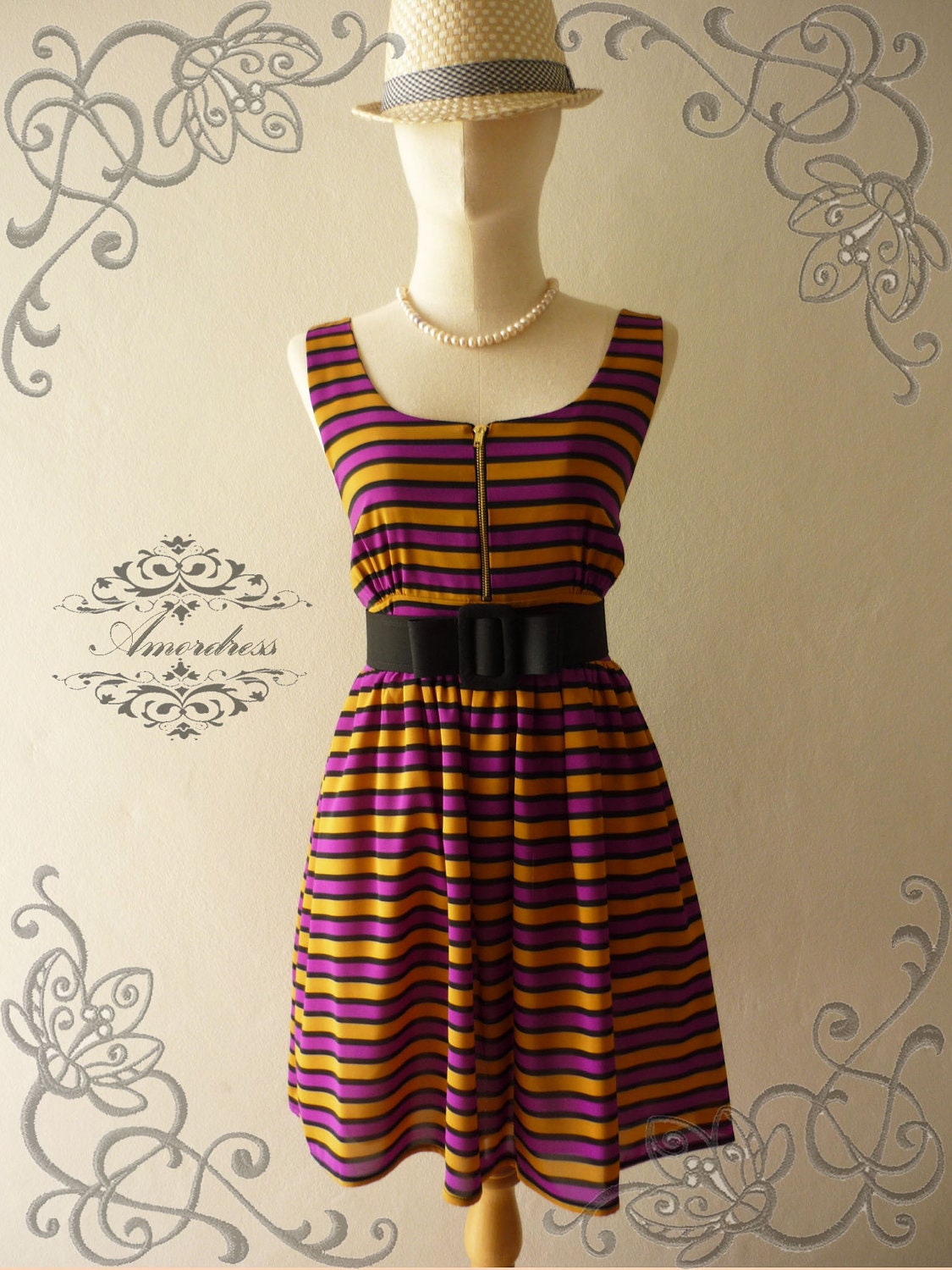 BIG SALE Summer Stripe Amor Vintage Inspired Purple Yellow Stripe Party Dress Vintage Chic Chiffon  Party Mini Dress -Fit XS-M-