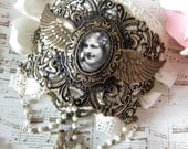 Filigree Antiqued Brass Choker with Wings, Cameo, Lace, Vintage Rosary Chain & Faceted Crystal