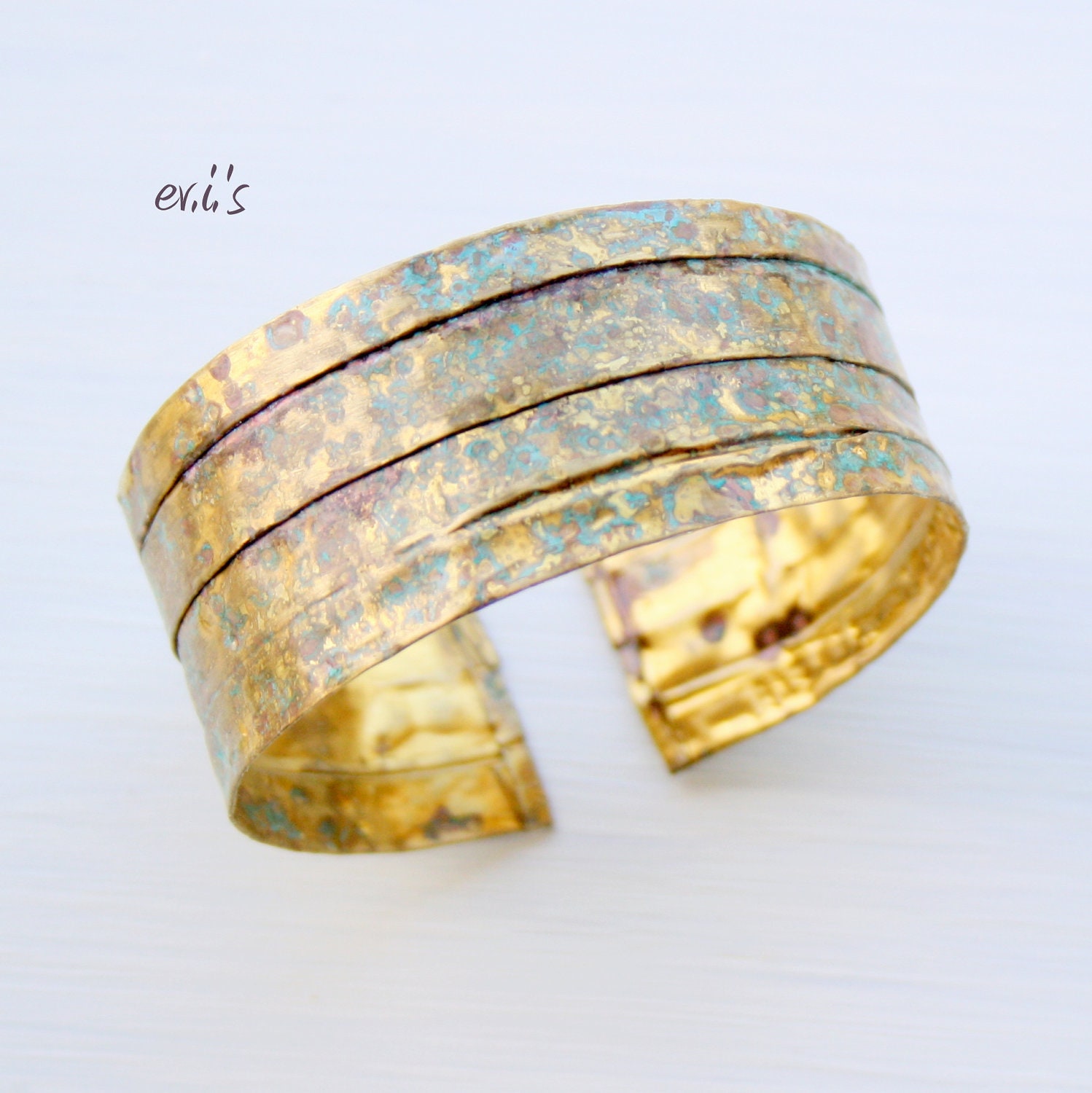 Handcrafted Brass Line Folded Hammered Eco Friendly Natural Oxidized Turquoise Patina Wide Artisan Bracelet Cuff Gift for Her by EV.I.