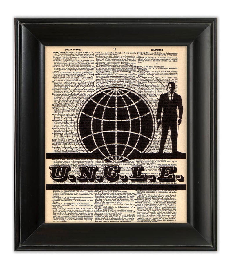Man from UNCLE Dictionary Art Print Spy Secret Agent Illustration Digital Mixed Media Retro Poster Upcycled Antique 1930s Book Page 8x10
