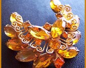 Vintage Brooch Pin Golden Topaz & Citrine Rhinestone Gold Metal Cluster Style 2"