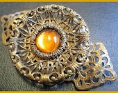 Vintage Brooch Pin Orange Cab Rhinestone Gold Filigree Metal Edwardian 2 3/4" VG