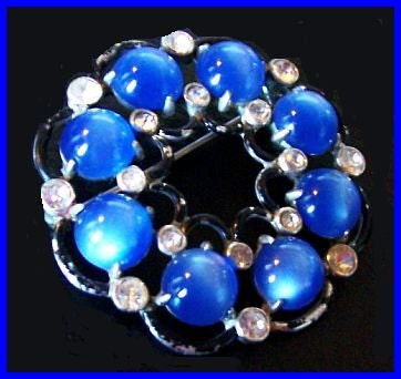 Vintage Art Deco Blue Moonstone & Clear Rhinestone Black Enamel Brooch Pin 2" VG