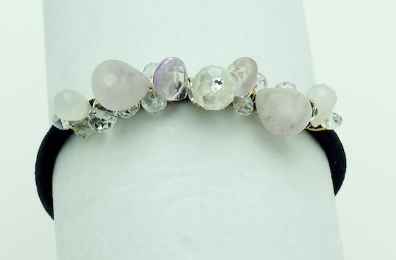 bridal hair accessory, Gemstone beaded  ponytail holder elastic band in amethyst nuggets and crystals.