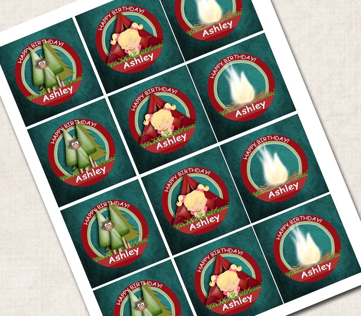 Camping Cupcake Toppers / Tags, green, sleepover, birthday (Digital File)