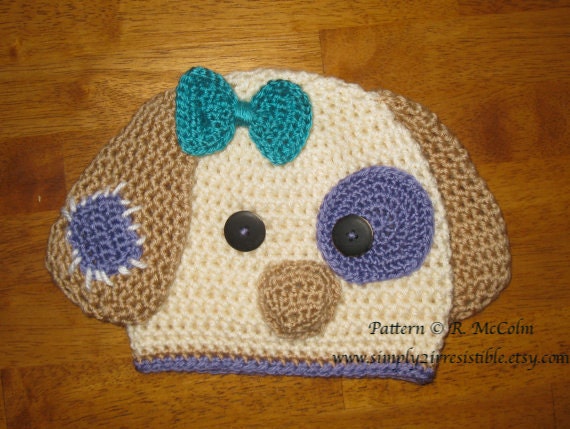 Patchy Puppy Hat Pattern - us or uk Terms - Crochet Pattern 18 - Beanie and Earflap Pattern - Newborn to Adult Sizes - INSTANT DOWNLOAD