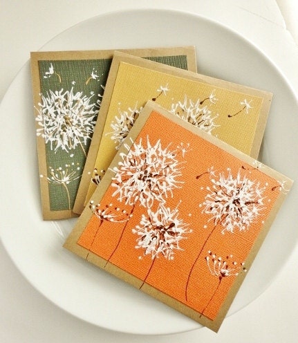 Dandelion Art Greeting Cards Set, Original Artwork Fall Colors, Autumn, Kraft, Blank Stationary, Dandelions