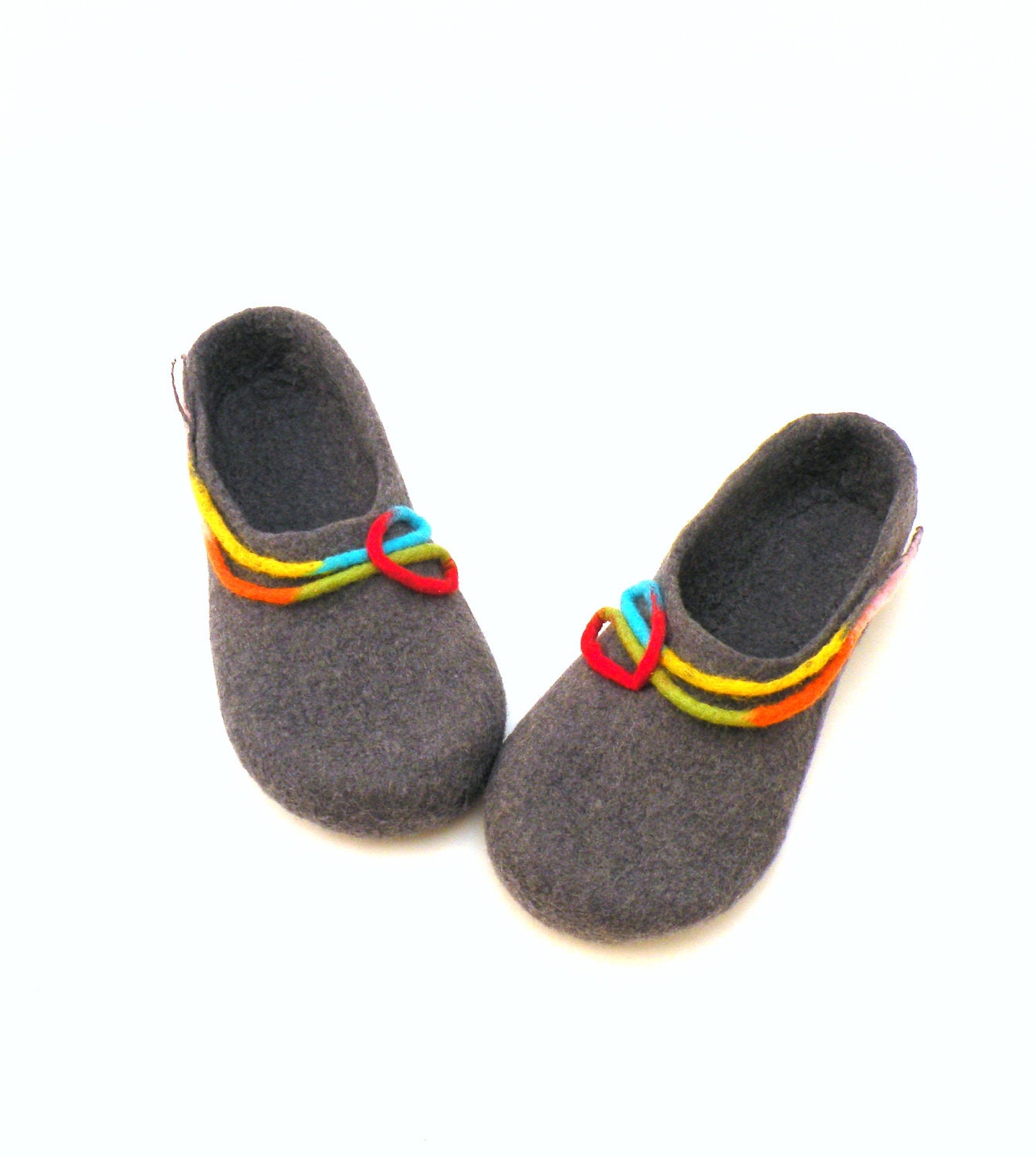 Felted wool slippers for women - handmade wool clogs - grey rainbow colorful slipper - made to order - Wedding gift