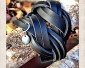 Black double wrap leather cuff bracelet, leather braided bracelet, leather cuff with silver ring and copper enamel charm, BY torn to pieces