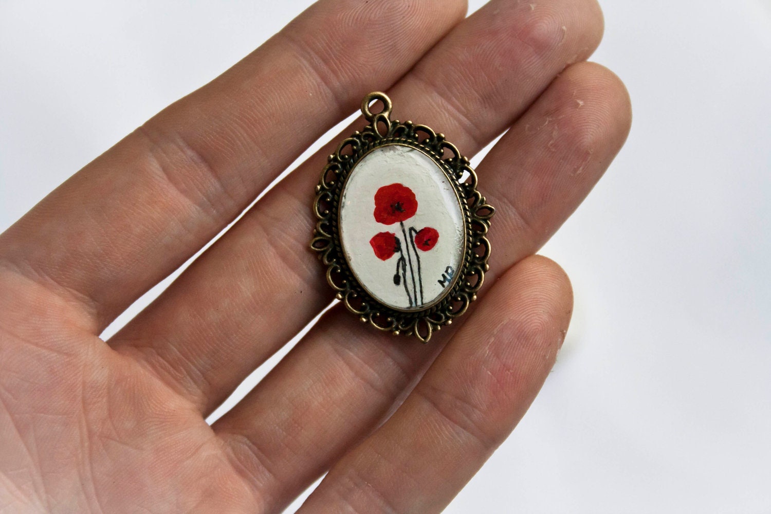 Hand painted poppy necklace - Poppies - Original OOAK watercolour