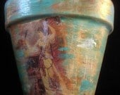 Unique Hand Painted Collage Flower Pot - Blue Woman