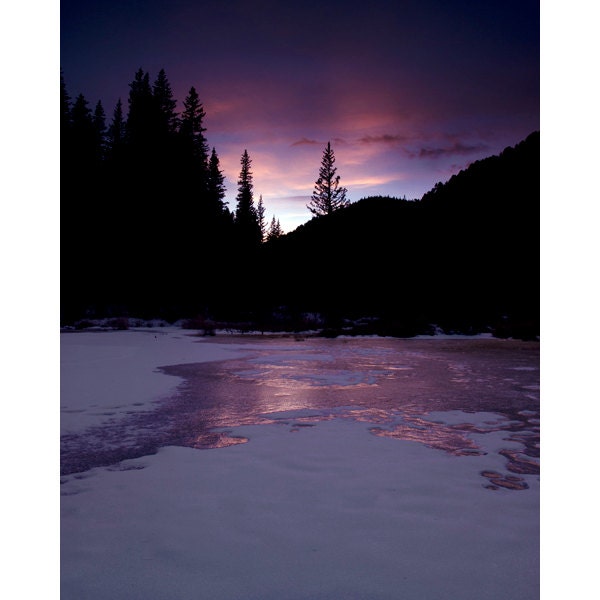 Winter sunset  purple pink frozen water snow Colorado fine art photograph print  16x20