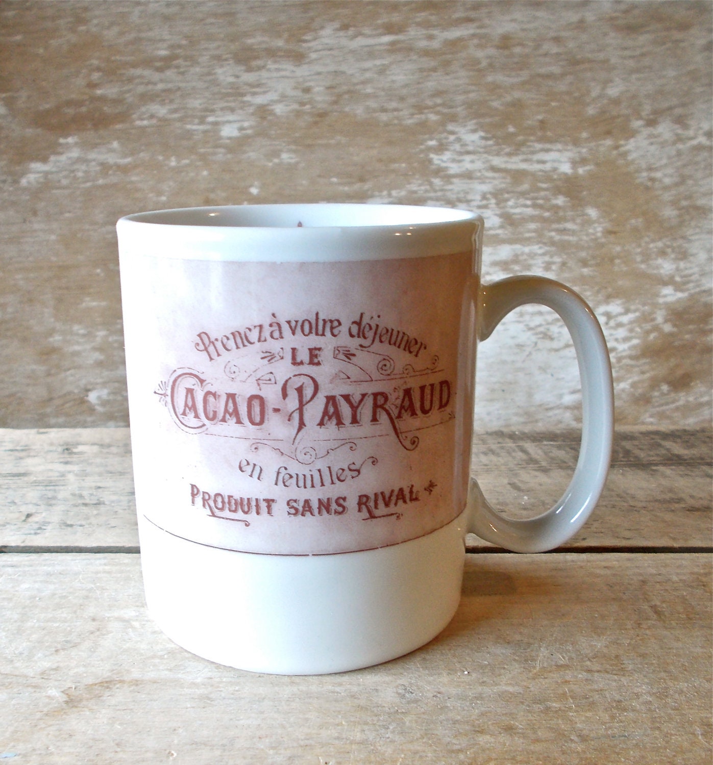 Coffee Mug with Antique Chocolate Label, French Chocolatier and Pastries, 12 oz Cup,  Ready to Ship, Discounted Second