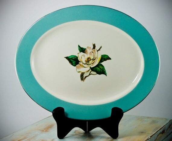 Vintage Platter, Lifetime China, Oval Platter/Tray Porcelain Magnolia floral Center with Turquoise Band