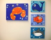 Ocean Nursery Room Art Crab Whale Shark Goldfish Set Children Baby Original Painting