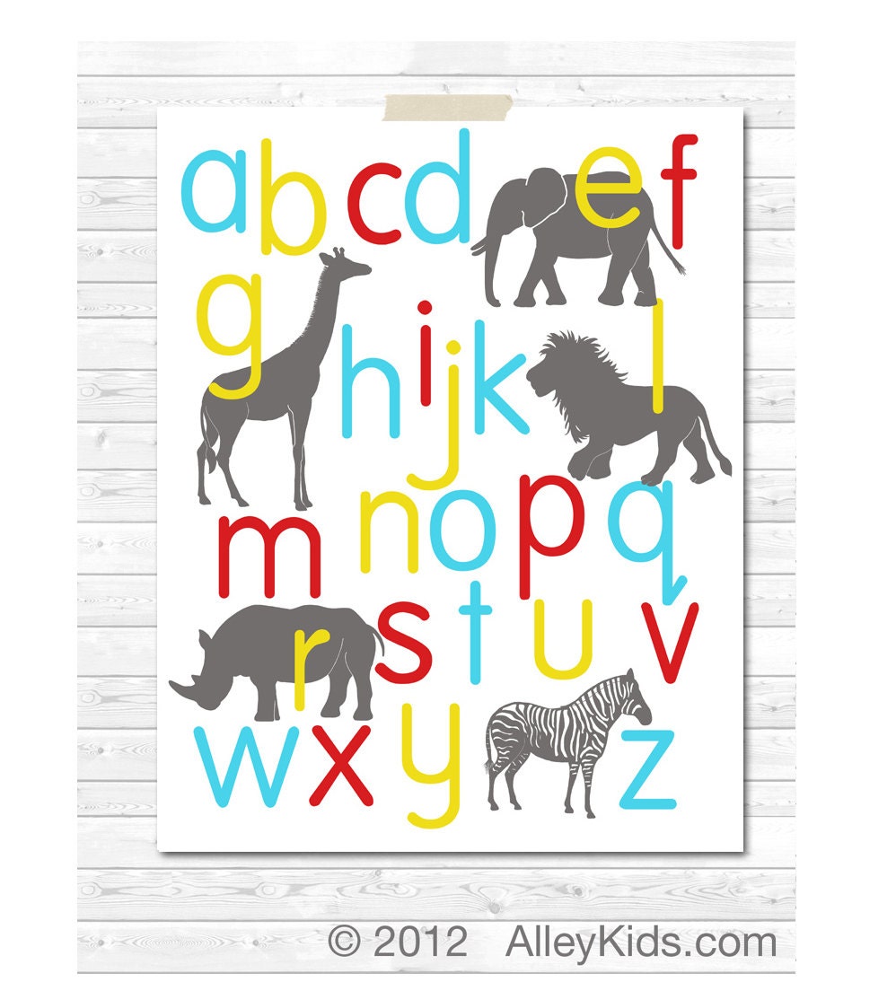 Nursery art, Jungle Animal Alphabet Poster, ABC childrens art