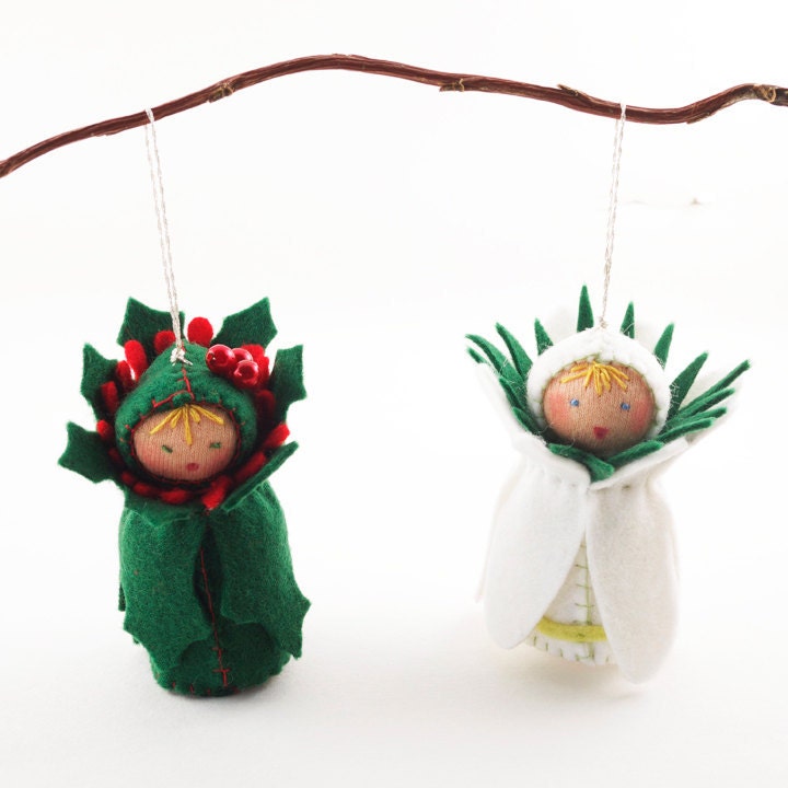 Christmas Felt Ornaments - Miniature Dolls - Green Red White Flower Decor