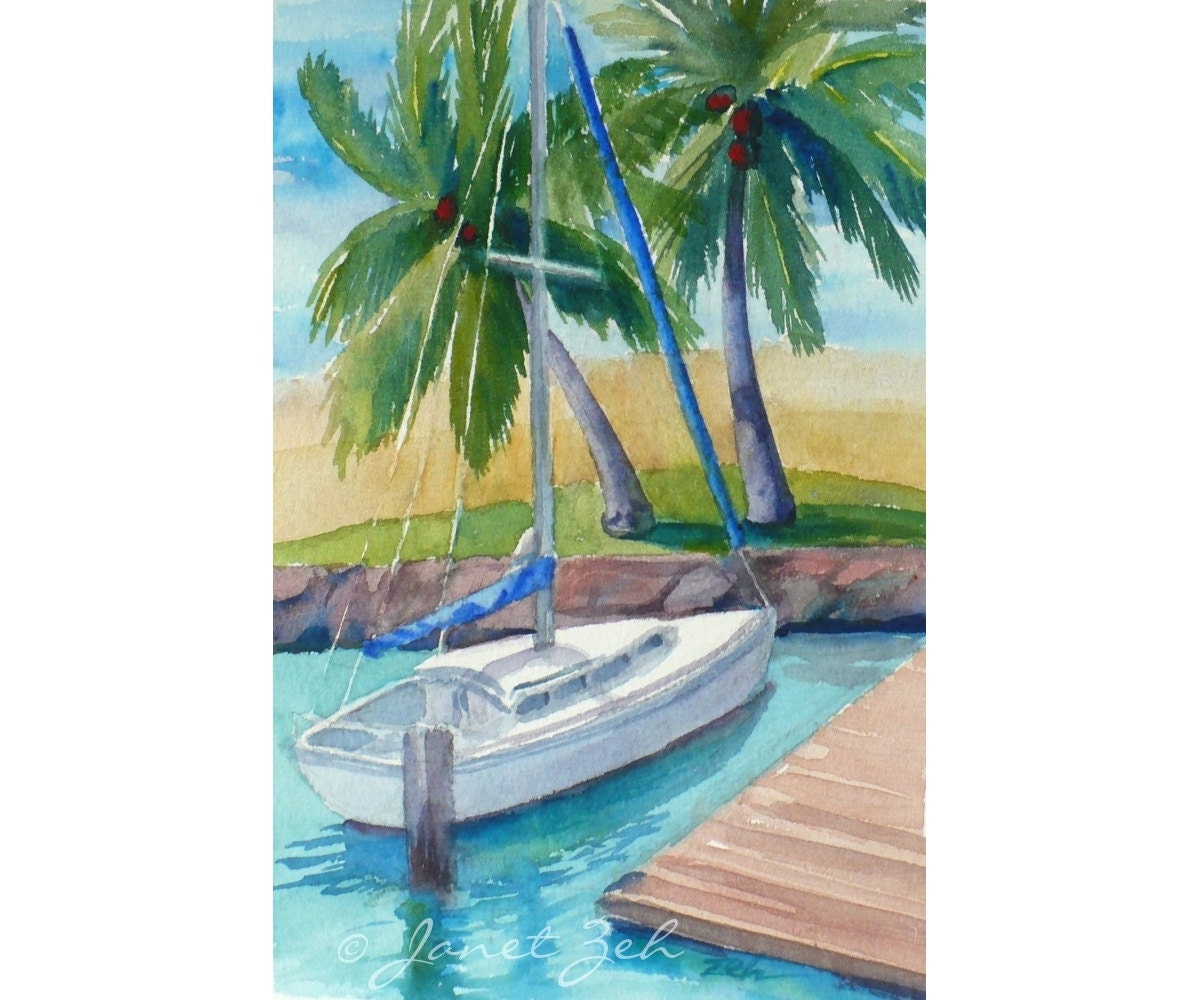 Hawaii Original Watercolor Tropical Painting Ilikai Marina Janet Zeh 5x7