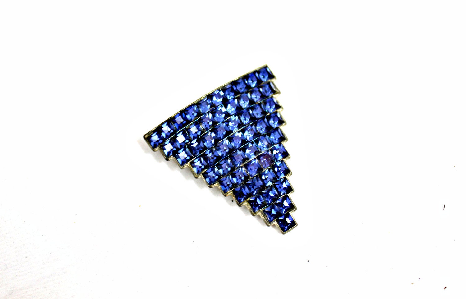 Vintage jewelry art deco brooch, pendent, scarf or fur clip blue rhinestones inverted triangle shape showstopper