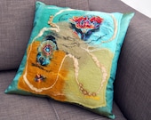 Cushion silk old green color and felt decoration, this is handmade and individually designed.