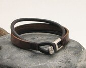 FREE SHIPPING . Unisex leather bracelet. Brown and dark brown leather, multi strand  bangle bracelet with silver plated clasp