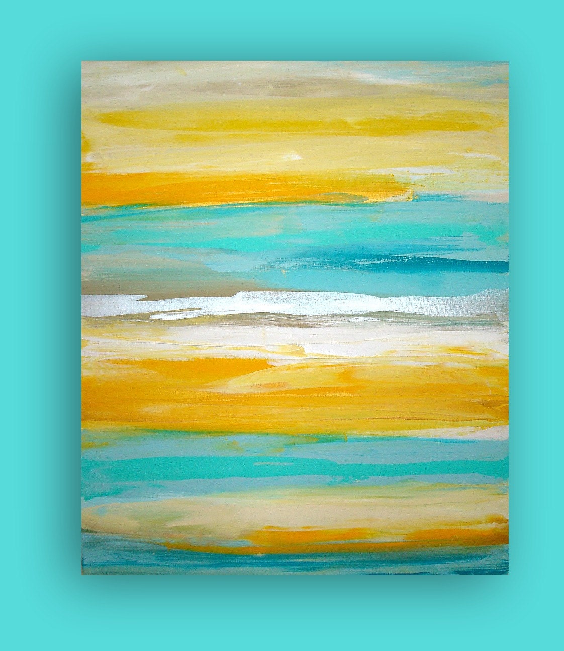 ART Yellow Turquoise Original Abstract Painting Modern Contemporary Fine Art  Gallery Canvas Titled: LEMONDROP. 30x36x1.5" by Ora Birenbaum