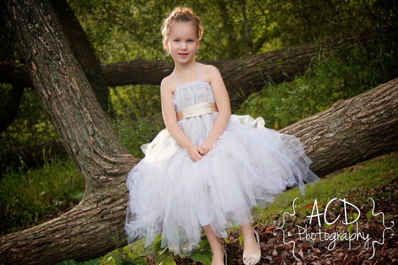 Flower Girl Wedding Tutu Dress, Halter Style with Empire Waist, Gold Satin Sash