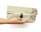 Fold Over Clutch, Taupe Clutch, Hand Painted Handbag, Tribal Cosmetic Bag, Make up Pouch