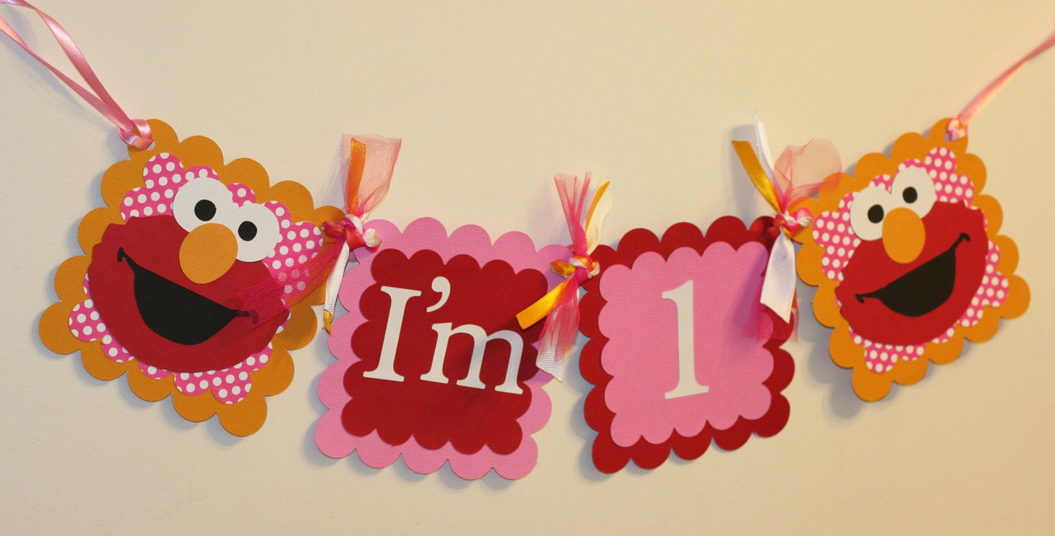 Girly Elmo Inspired  Pink and Red I am 1 Highchair Banner