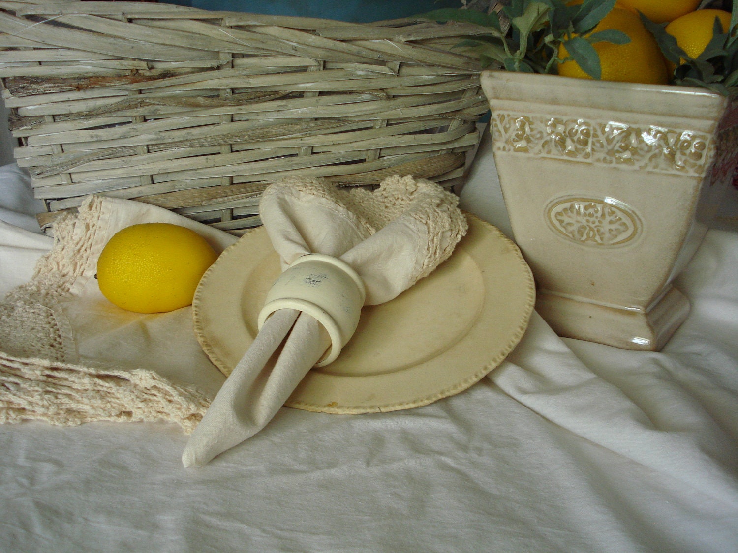 Linen Napkins, ecru with crocheted lace edging