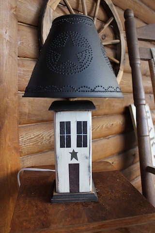 Primitive SALTBOX HOUSE Lamp with Stars Punched Tin Lampshade Folk Style