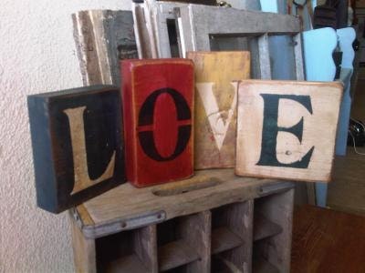 LOVE shabby primitive Wedding Blocks Blue Red Mustard Vintage White