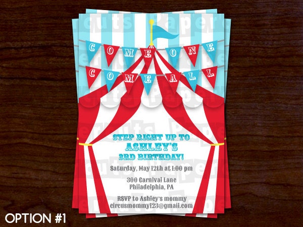 Printable DIY Red and Teal Circus / Carnival / Big Top Personalized Birthday Party Invitation (with or without photo)
