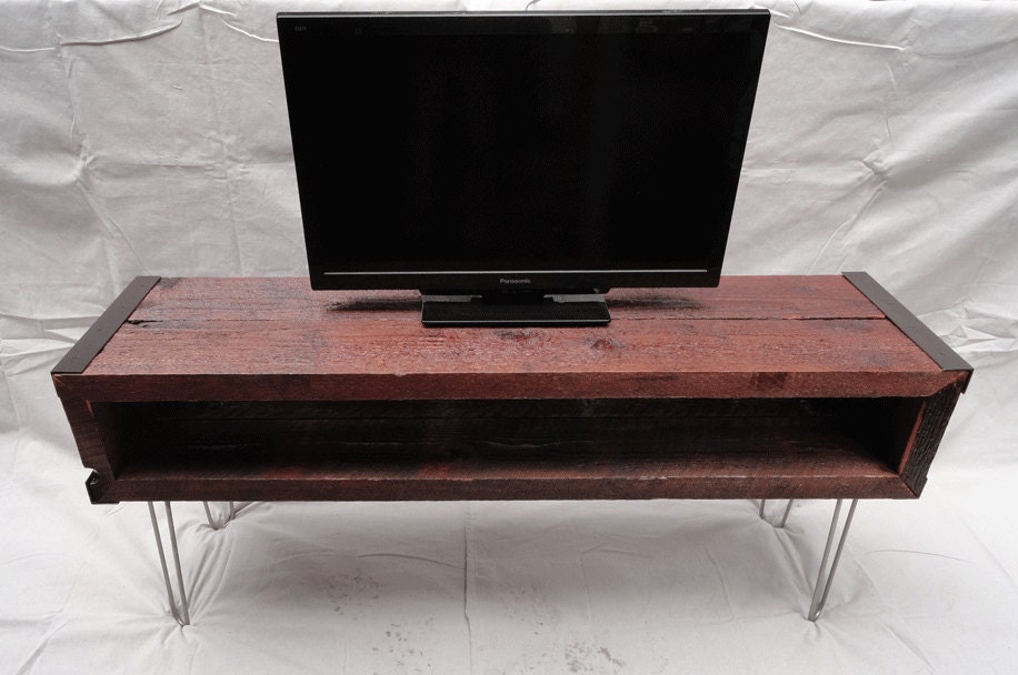 4 ft Industrial media console tv stand from salvaged barnwood with hairpin legs