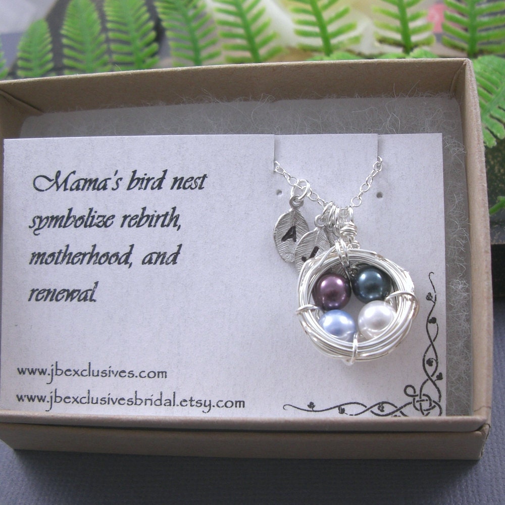 Set of 4 personalized hand stamped bird nest necklace- 4 eggs- wedding jewelry - sterling silver-gift for mother of bride, bridesmaid n37