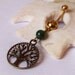 Gold Belly Button Ring - Piercing - Curved Barbell - Navel Piercing - Antiqued Brass Tree of Life Charm with Green Jade