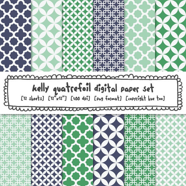 digital paper navy blue green aqua turquoise quatrefoil patterns, modern photography backgrounds, mod preppy patterns, instant download 401
