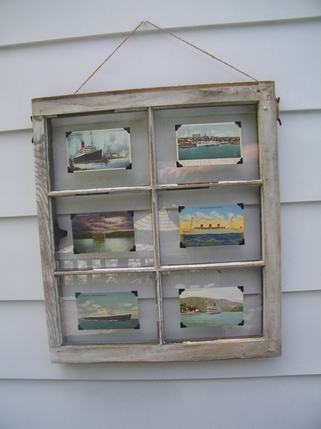 Vintage Nautical Ship Post Cards on an old 6 Pane, White Distressed Window