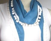 Blue Cotton gauze Turkish scarf with white pompom trim - womens scarves- fringe-2012 trends-fashion- headband-bandana