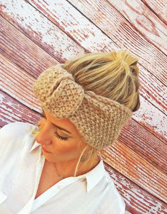 Latte Knitted Knotted Mohair Ear Warmer Headband - Knot Just Any Ear Warmer in Latte